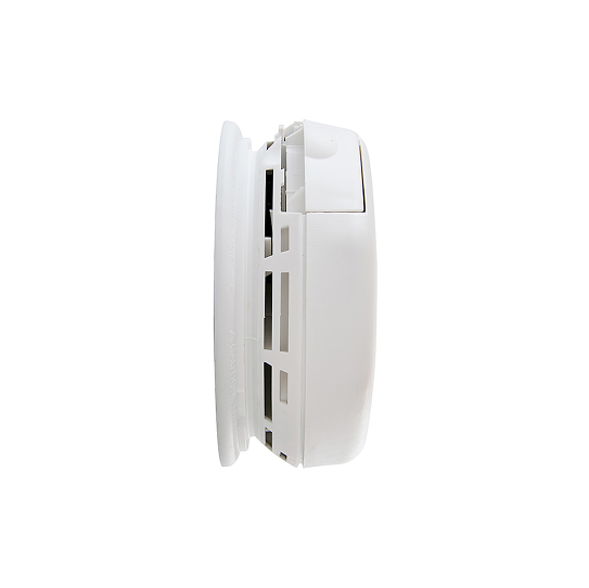 First Alert ZCOMBOA detector with battery compartment open, displaying two AA batteries and a  simple battery replacement