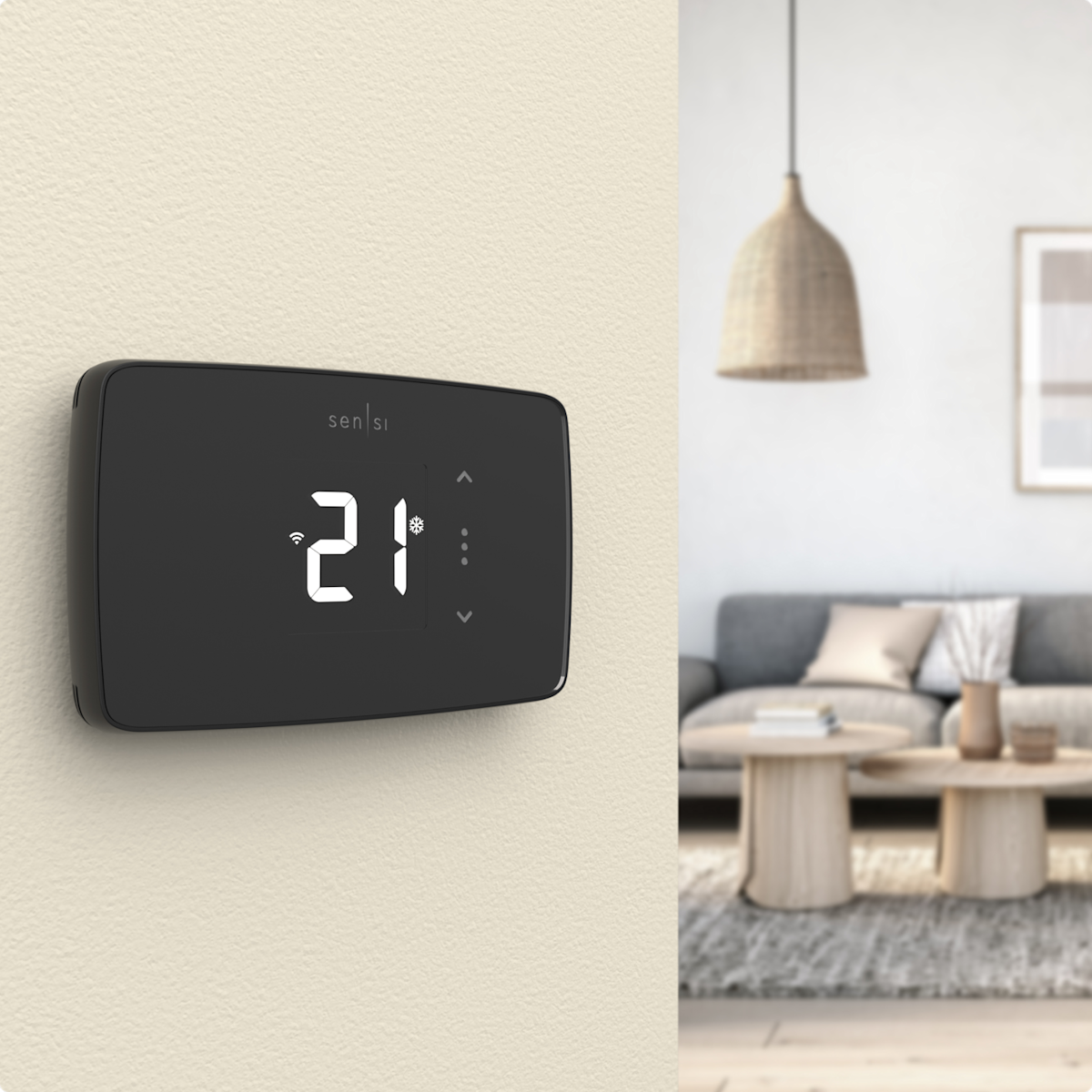 Un thermostat intelligent Sensi Lite sur le mur d’une maison.
