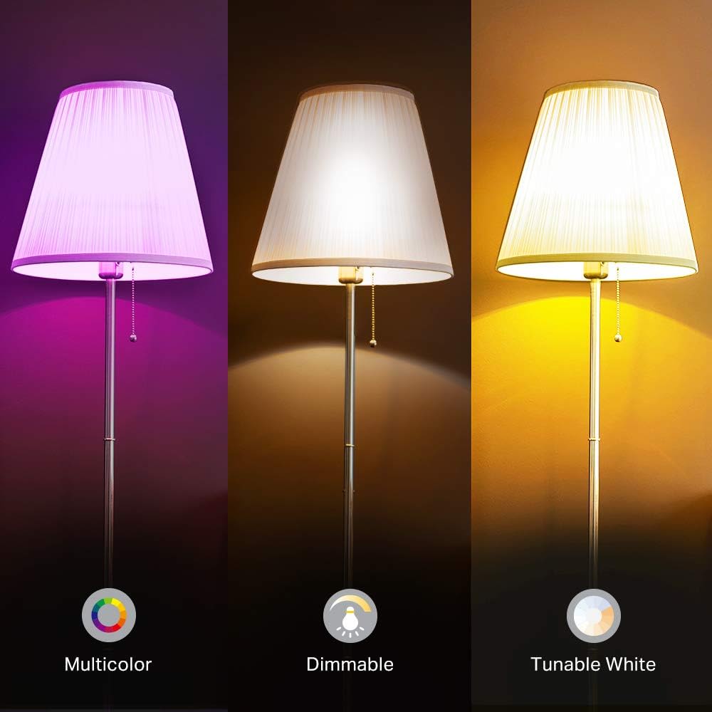 Three Kasa Multicolour Smart Wi-Fi light bulbs in lamps demonstrating various capabilities