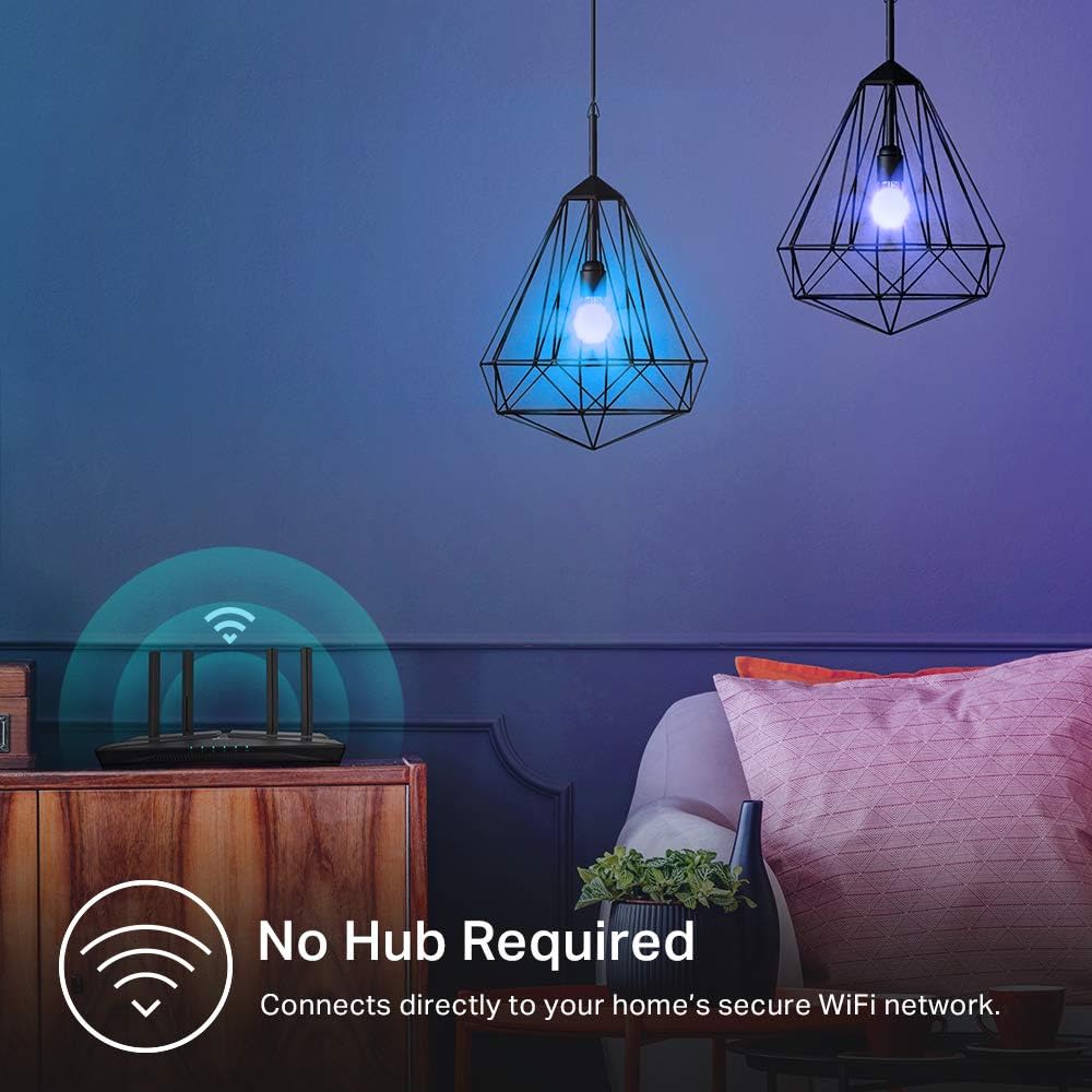 Lifestyle shot of two Kasa Multicolour Smart Wi-Fi light bulbs hanging in a living room