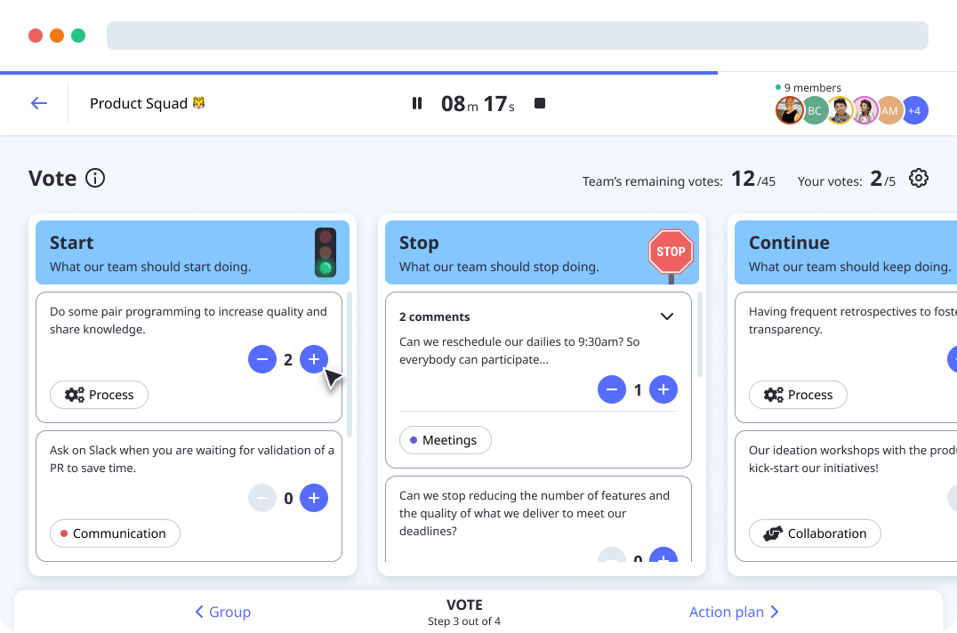 Vote in the Start Stop Continue retrospective template by Neatro