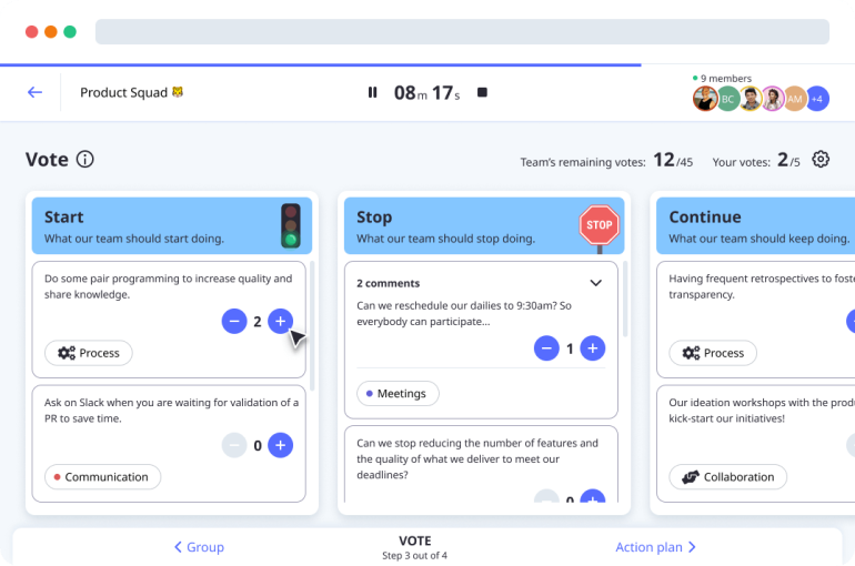 Vote in the Start Stop Continue retrospective template by Neatro