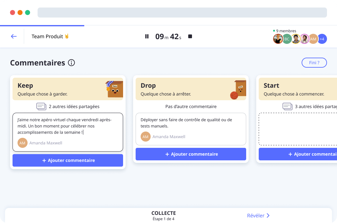 Écrire des commentaires dans le modèle de rétrospective Keep Drop Start par Neatro