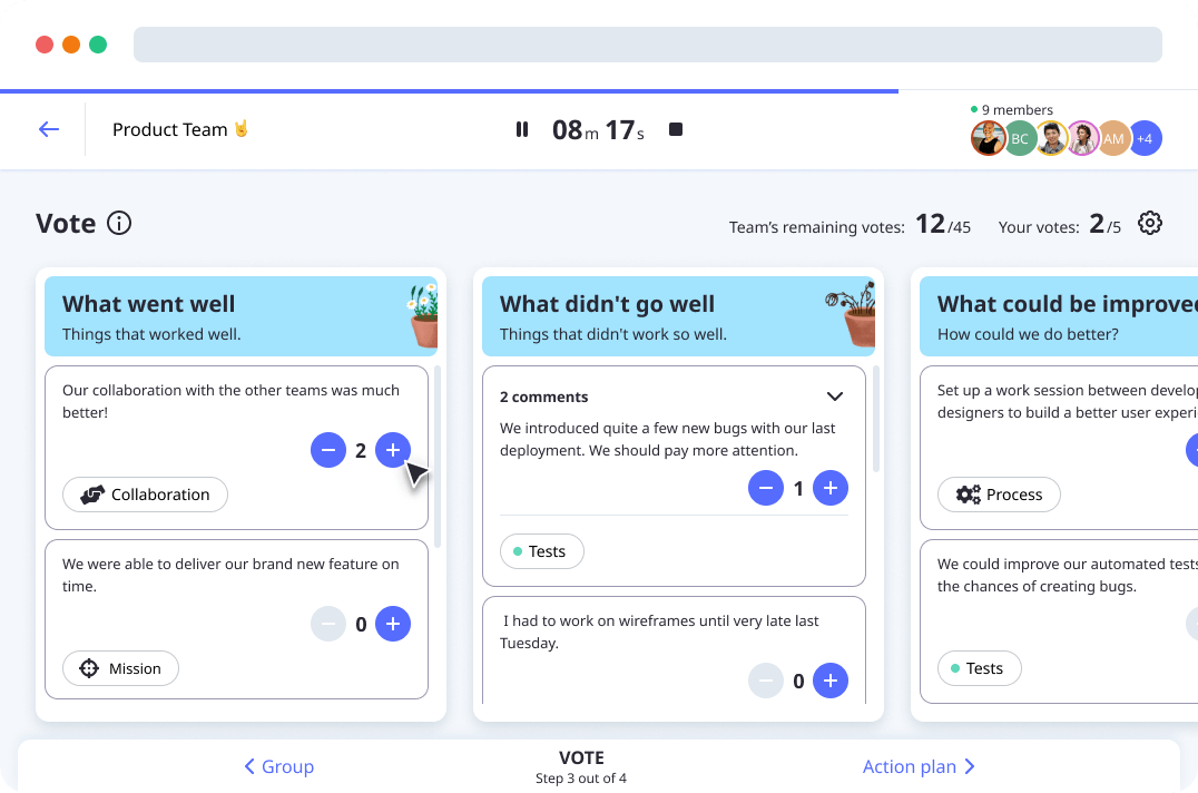 Vote in the What Went Well retrospective template by Neatro