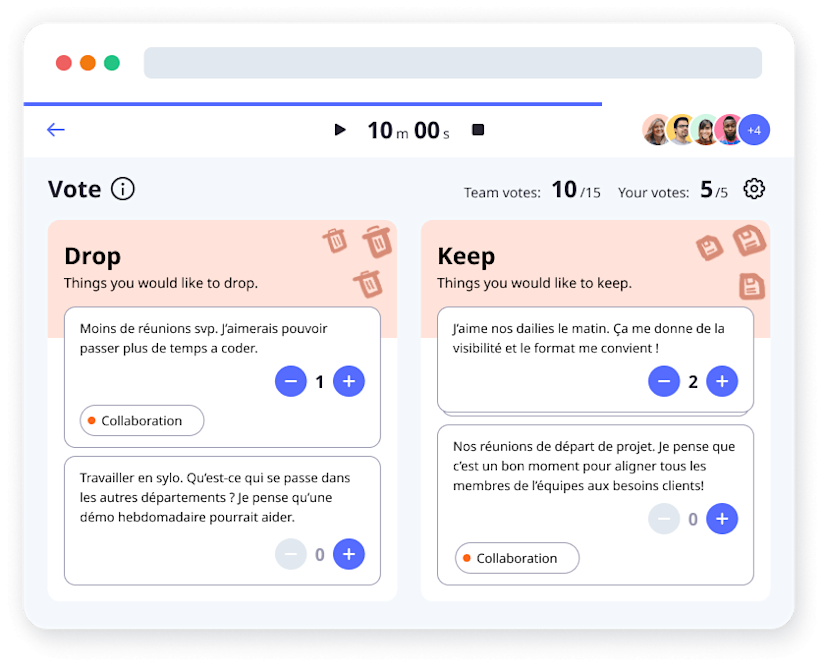 Limitez en temps chaque étape et votez efficacement Étape de vote d'un outil de rétrospective en ligne