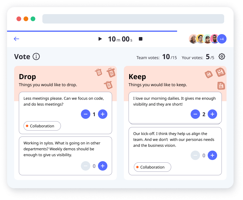 Timebox each step and vote efficiently Vote step of an online retrospective tool