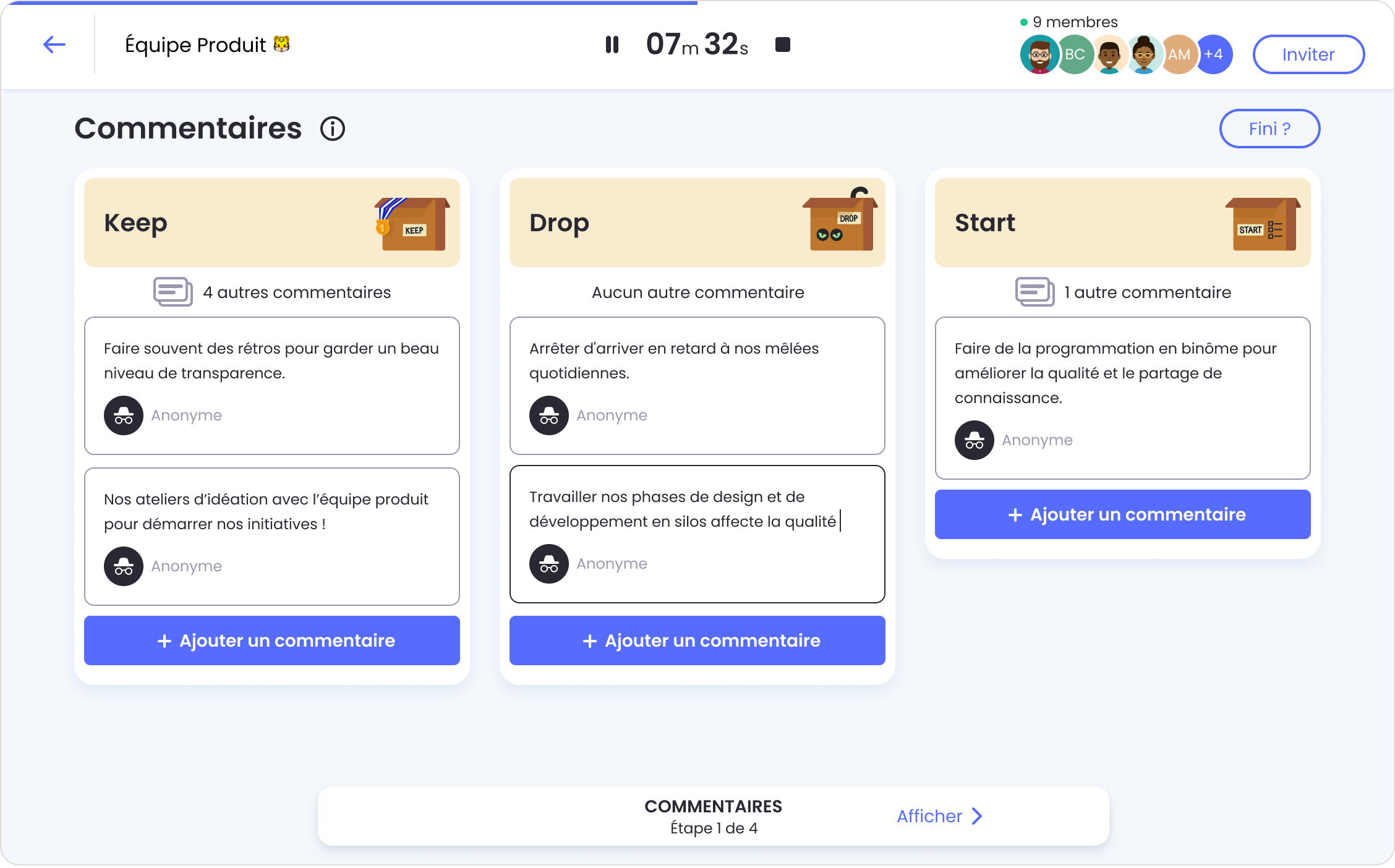 Commentaires anonymes dans la rétro Keep Drop Start