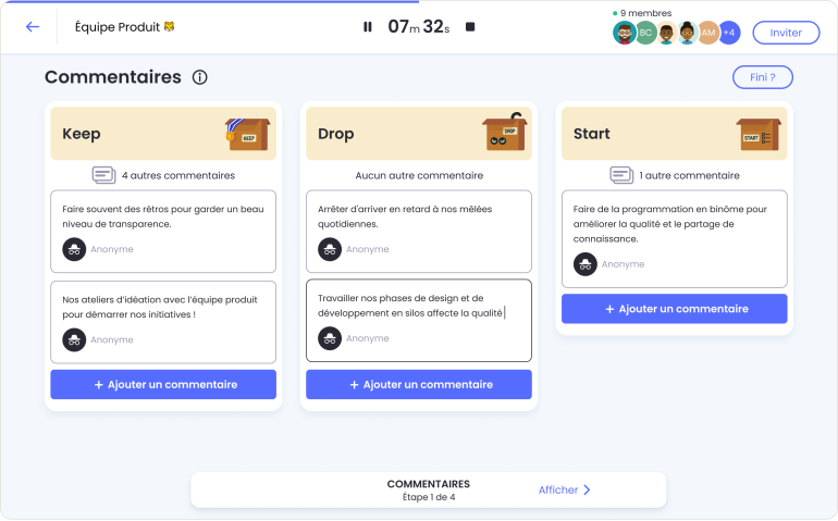 Commentaires anonymes dans la rétro Keep Drop Start