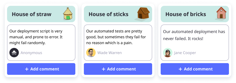 The three columns of the Three little pigs retrospective: the house of straw, the house of sticks, and the house of bricks.