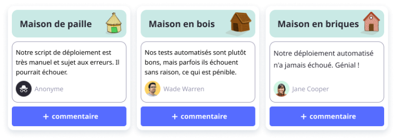 Les trois colonnes de la rétrospective des trois petits cochons : La maison de paille, la maison de bois et la maison de briques