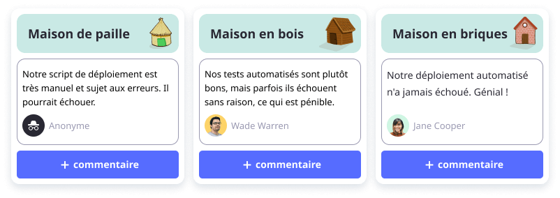 Les trois colonnes de la rétrospective des trois petits cochons : La maison de paille, la maison de bois et la maison de briques