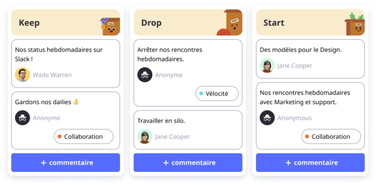 Les trois colonnes de la rétrospective Keep Drop Start