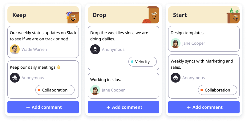The three columns of the Keep Drop Start retrospective