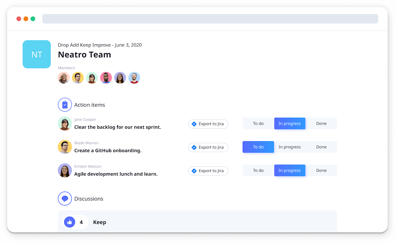 Neatro retrospective report Online retrospective tool report
