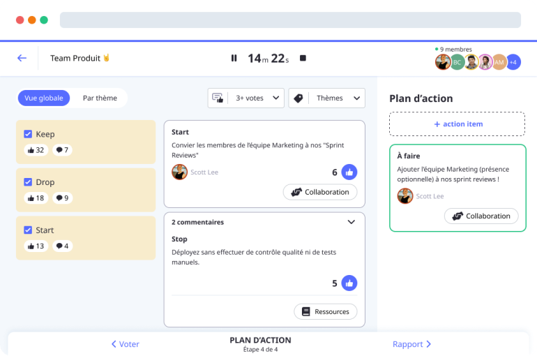 Plan d'action dans le modèle de rétrospective Keep Drop Start par Neatro