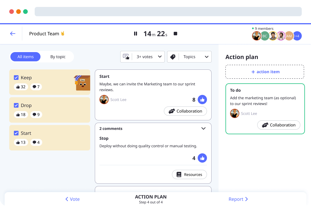 Action Plan in the Keep Drop Start retrospective template by Neatro