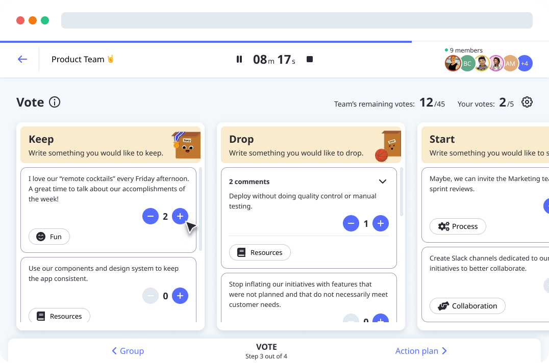 Vote in the Keep Drop Start retrospective template by Neatro