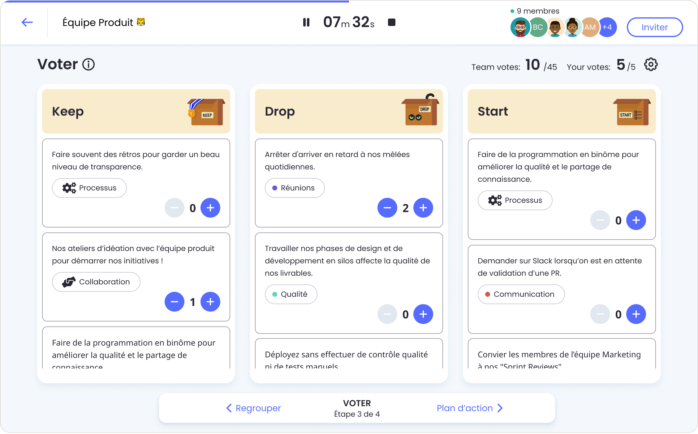 Votes anonymes dans la rétro Keep Drop Start