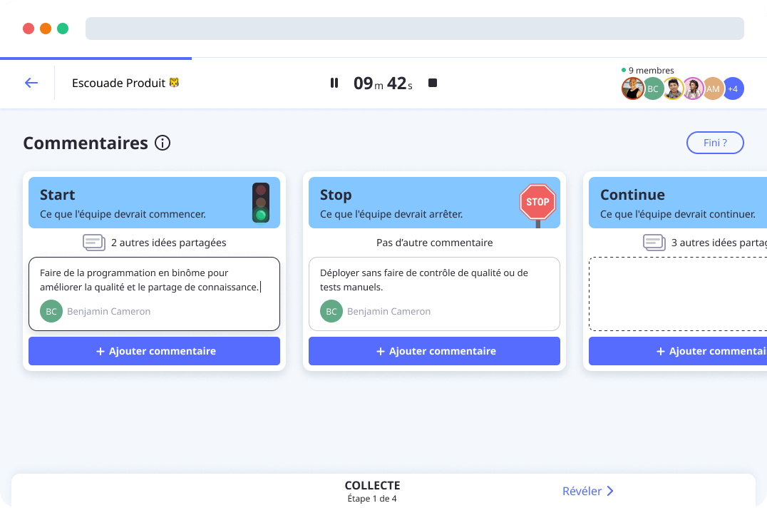Écrire des commentaires dans le modèle de rétrospective Start Stop Continue par Neatro