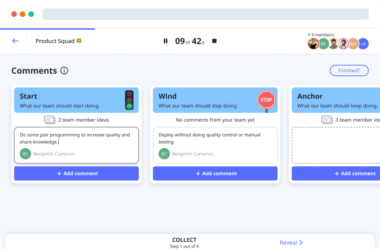 Write comments in the Start Stop Continue retrospective template by Neatro