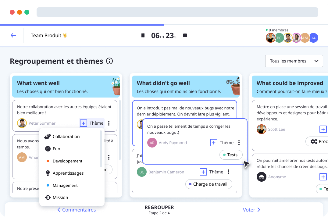 Groupes et thèmes dans le modèle de rétrospective What Went Well par Neatro