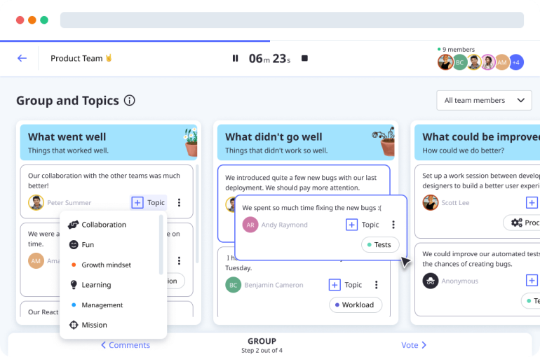 Groups and topics in the What Went Well retrospective template by Neatro