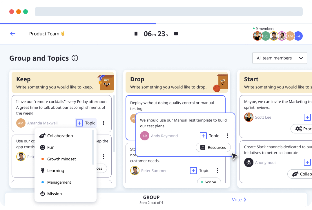 Groups and topics in the Keep Drop Start retrospective template by Neatro