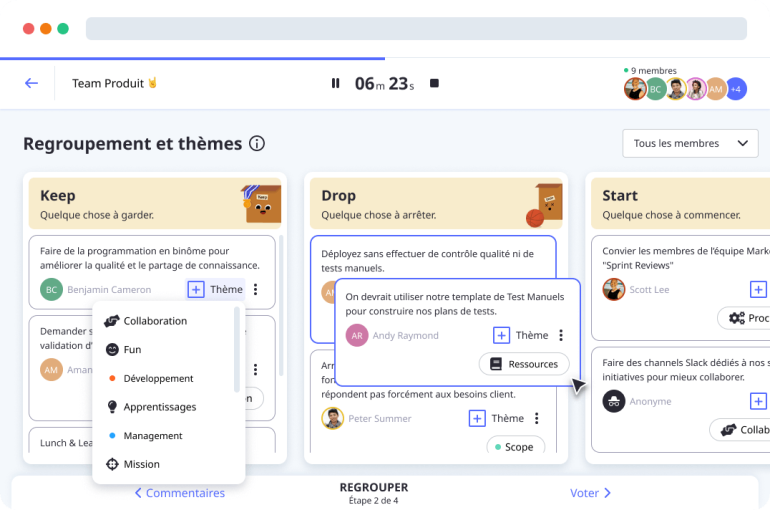 Groupes et thèmes dans le modèle de rétrospective de Keep Drop Start par Neatro