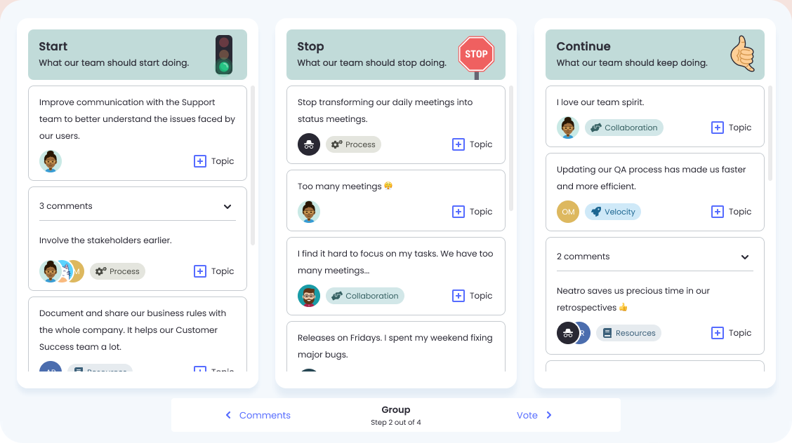 Group Phase in the retrospective tool Neatro