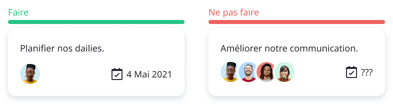 Illustration pour montrer ce que l'on doit Faire et ne pas faire avec un action item SMART.