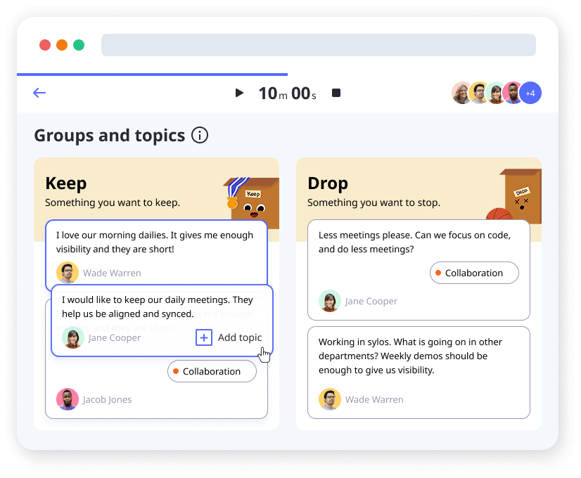 Create themes and group comments Online retrospective tool comments grouping