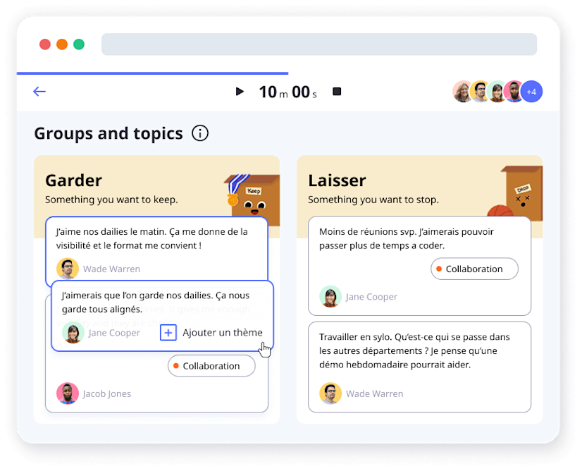 Créez des thèmes et regrouper vos idées Regroupement des idées d'un outil de rétrospective en ligne