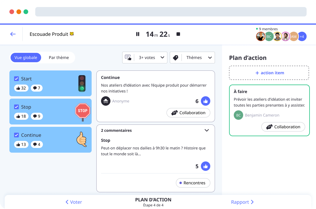 Plan d'action dans le modèle de rétrospective Start Stop Continue par Neatro