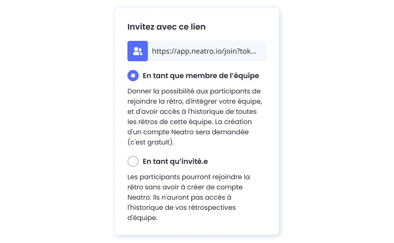 Widget pour inviter des personnes dans une rétrospective Neatro