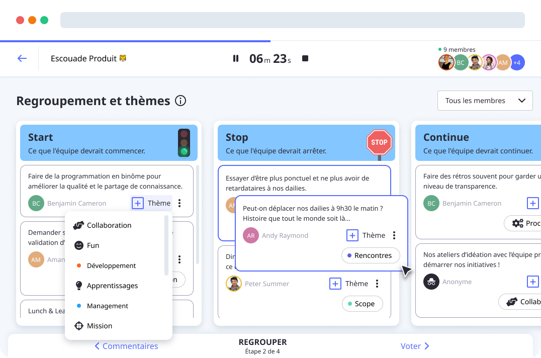 Groupes et thèmes dans le modèle de rétrospective Start Stop Continue par Neatro