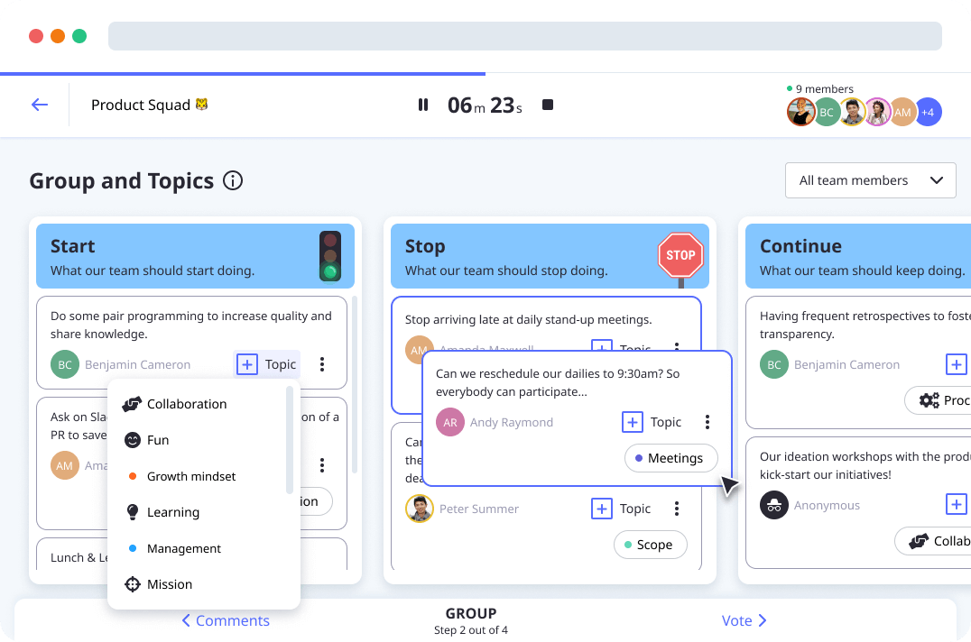 Groups and topics in the Start Stop Continue retrospective template by Neatro