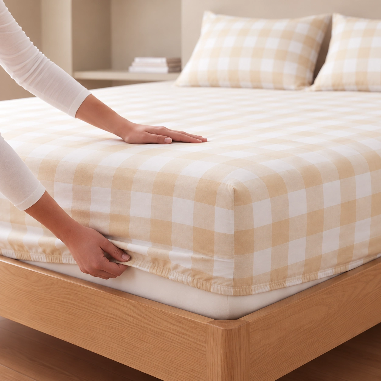 Linndecors Dune Squares Almond Buff Fitted Sheet fitted sheet shown in Almond Buff