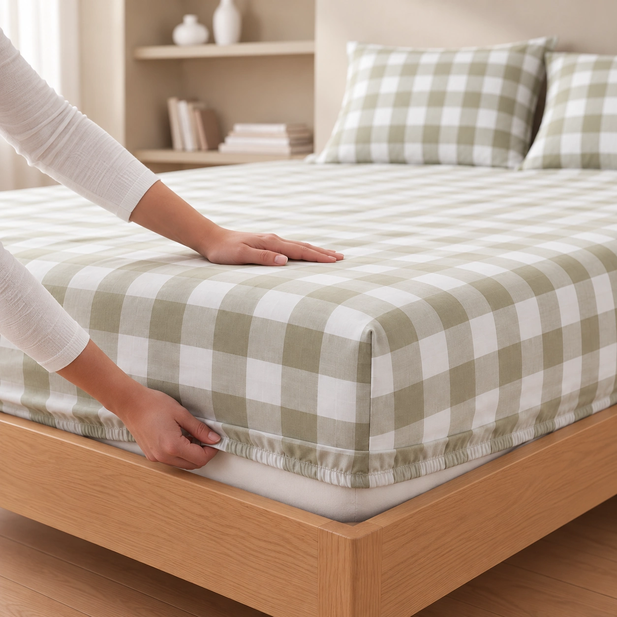 Linndecors Dune Squares Sage Green Fitted Sheet fitted sheet shown in Sage Green