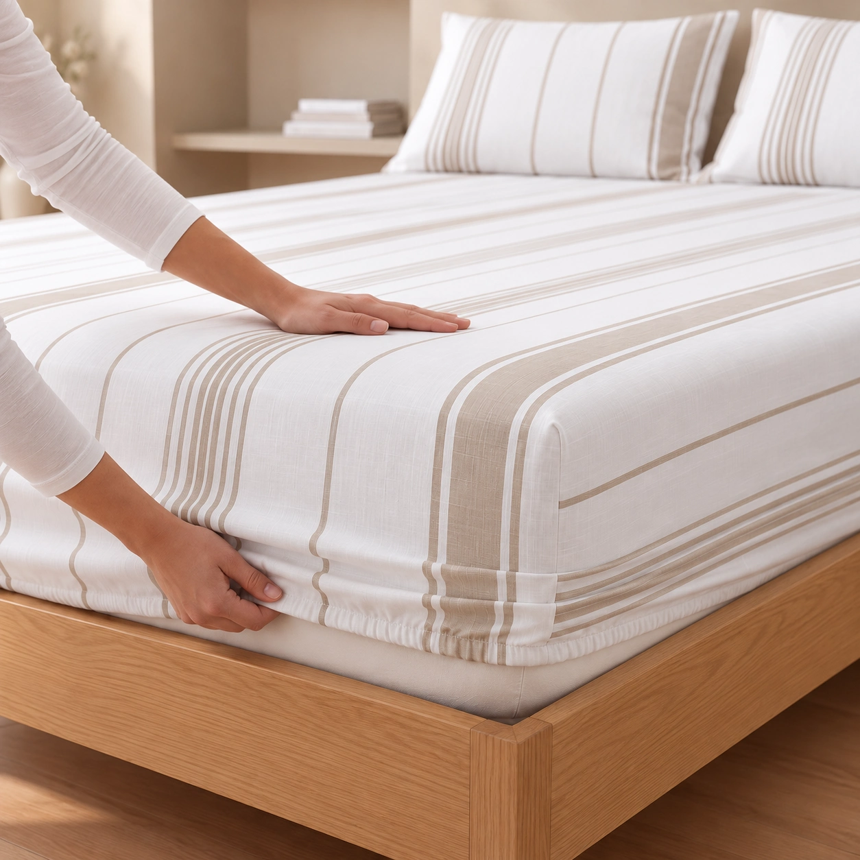 Linndecors SilverStream Beige Fitted Sheet fitted sheet shown in Beige