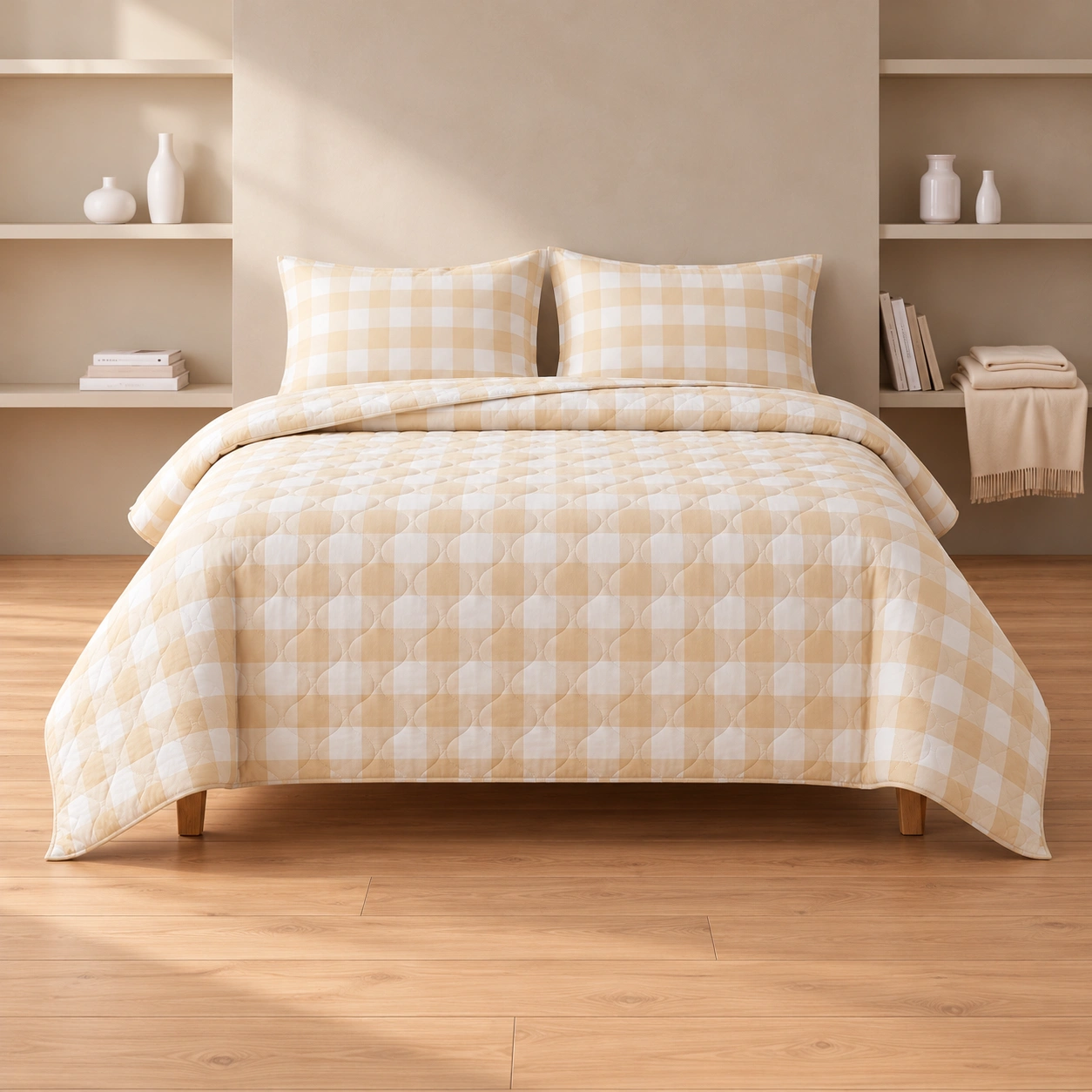 Linndecors Dune Squares Almond Buff Quilt quilt shown in Almond Buff