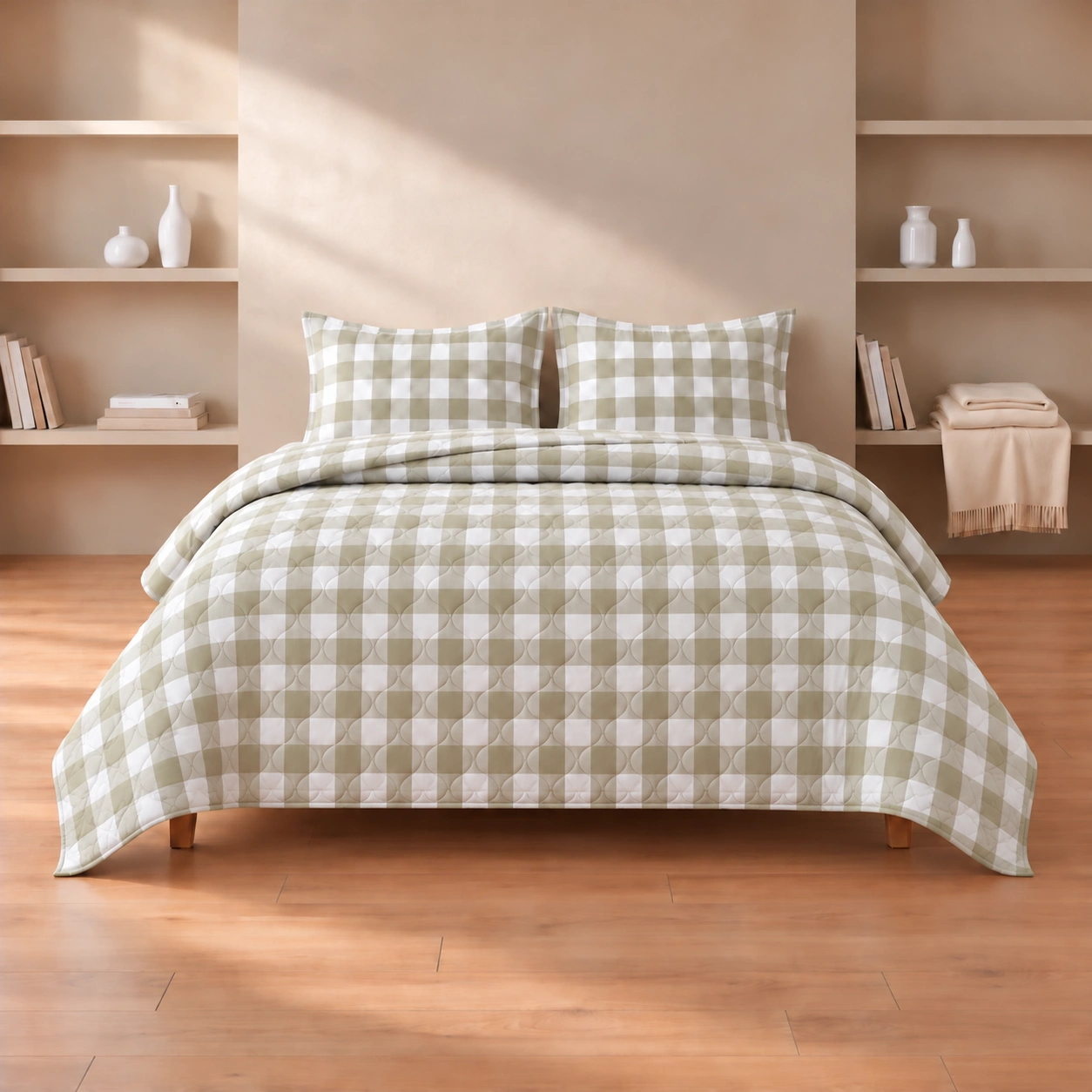 Linndecors Dune Squares Sage Green Quilt quilt shown in Sage Green