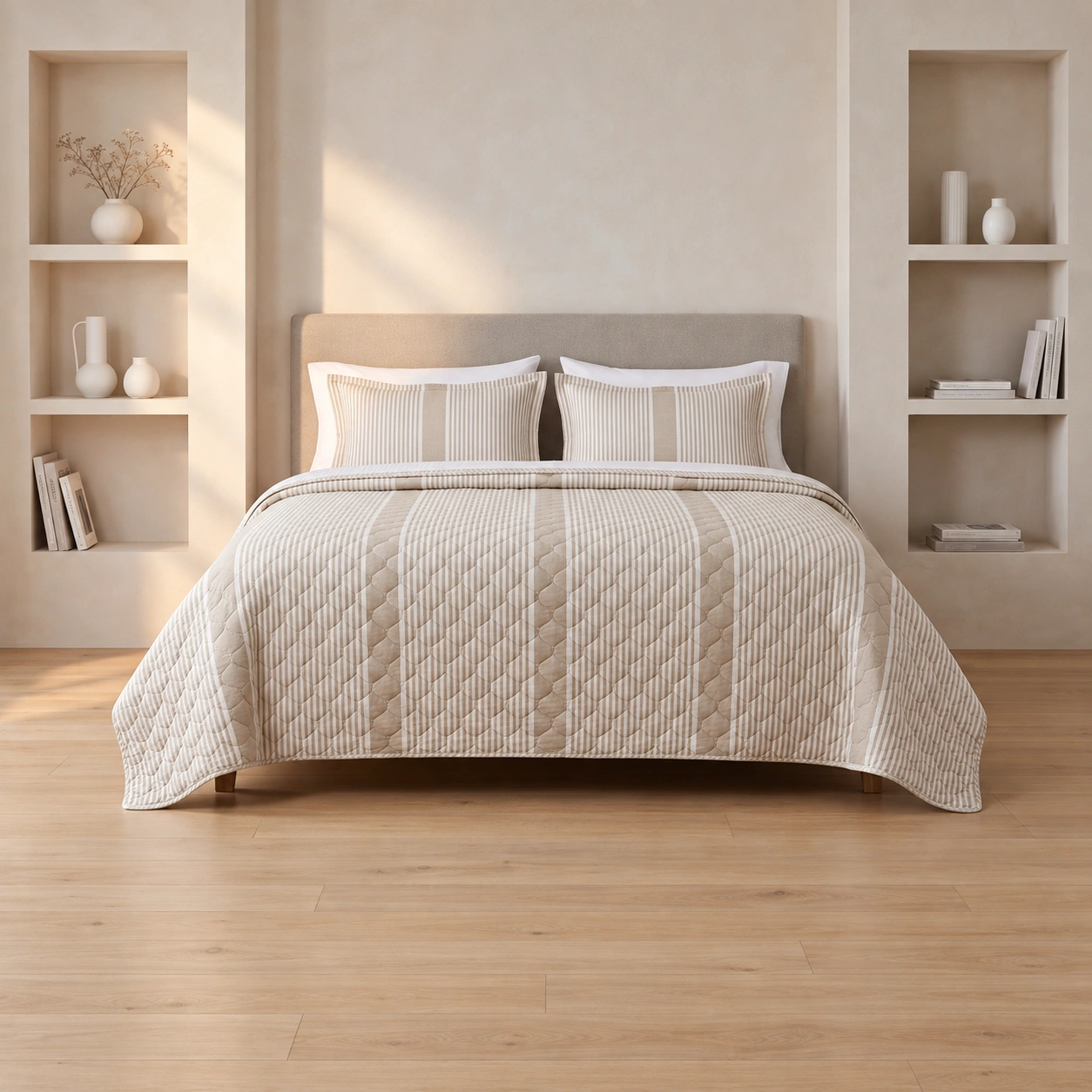 Linndecors Tiered Layers Beige Quilt quilt shown in Beige