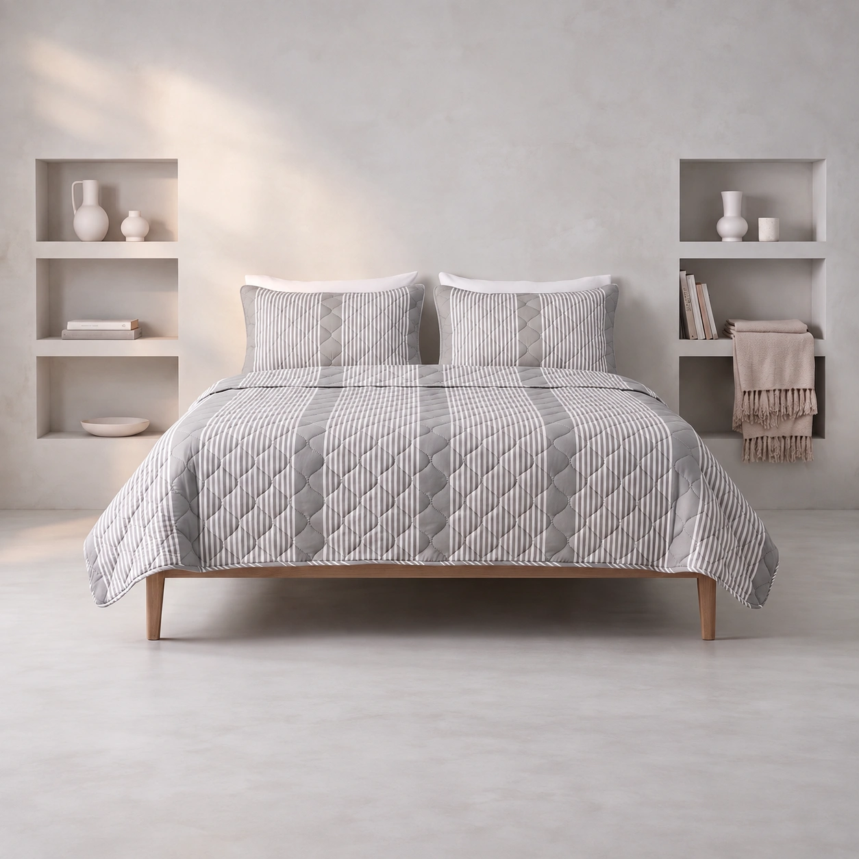 Linndecors Tiered Layers Grey Quilt quilt shown in Grey