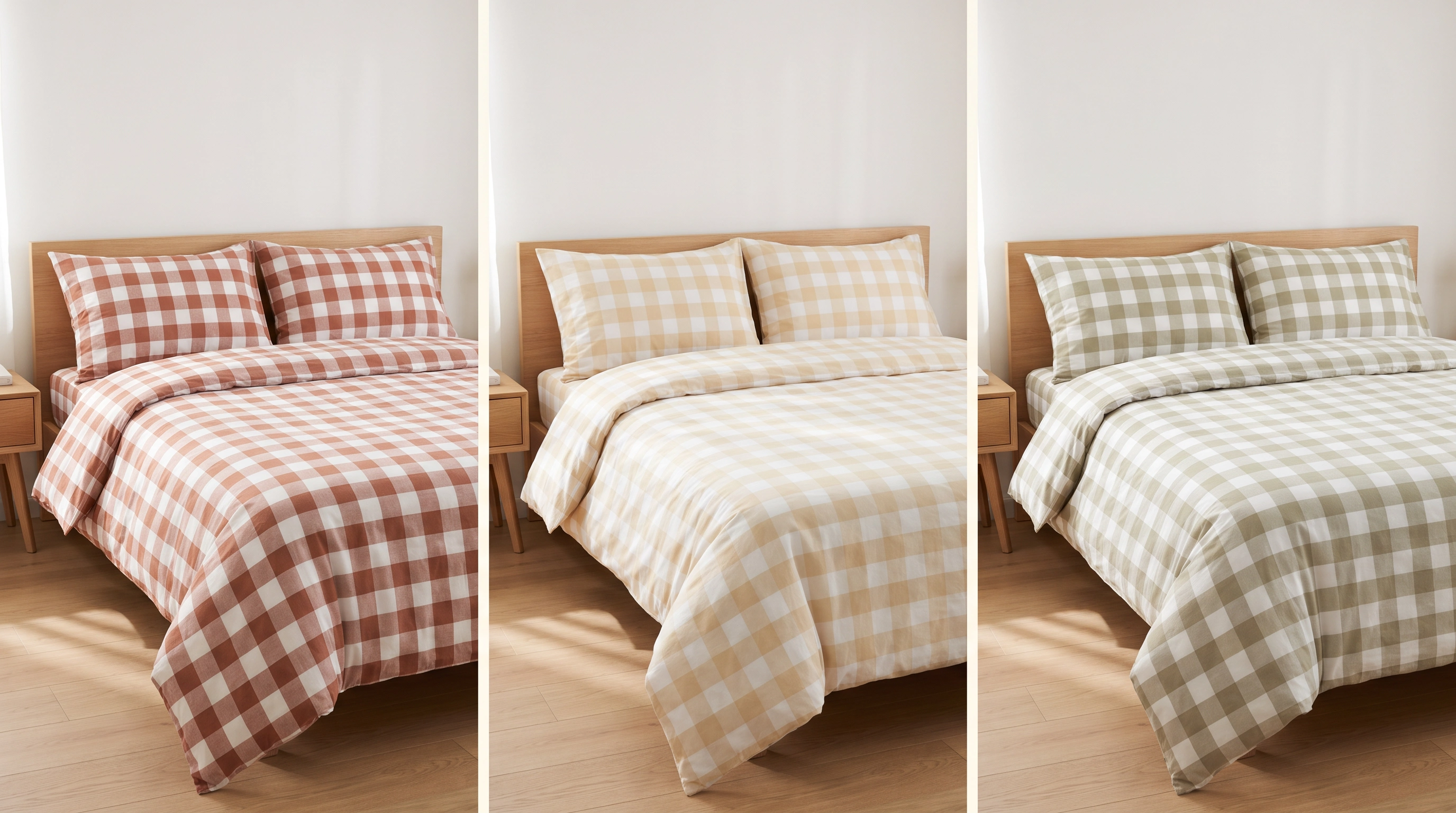 Three beds side by side in checked bedding — terracotta, sand and sage — against warm white walls
