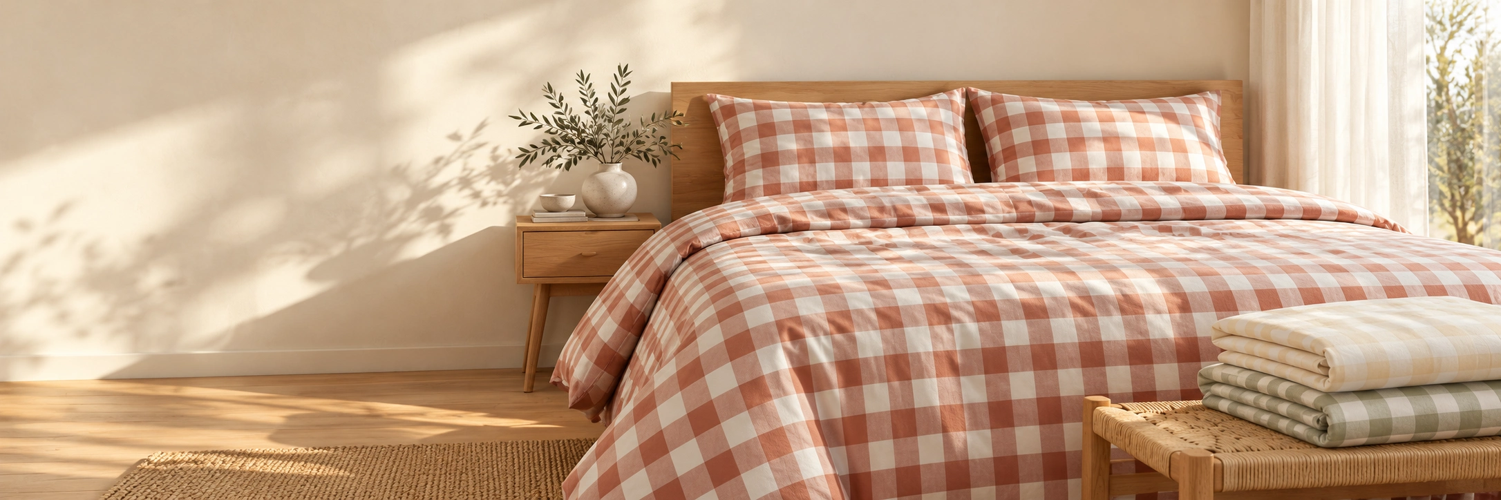 Terracotta checked bedding on an oak bed in a sunlit room, folded linen stacked on a bench at its foot