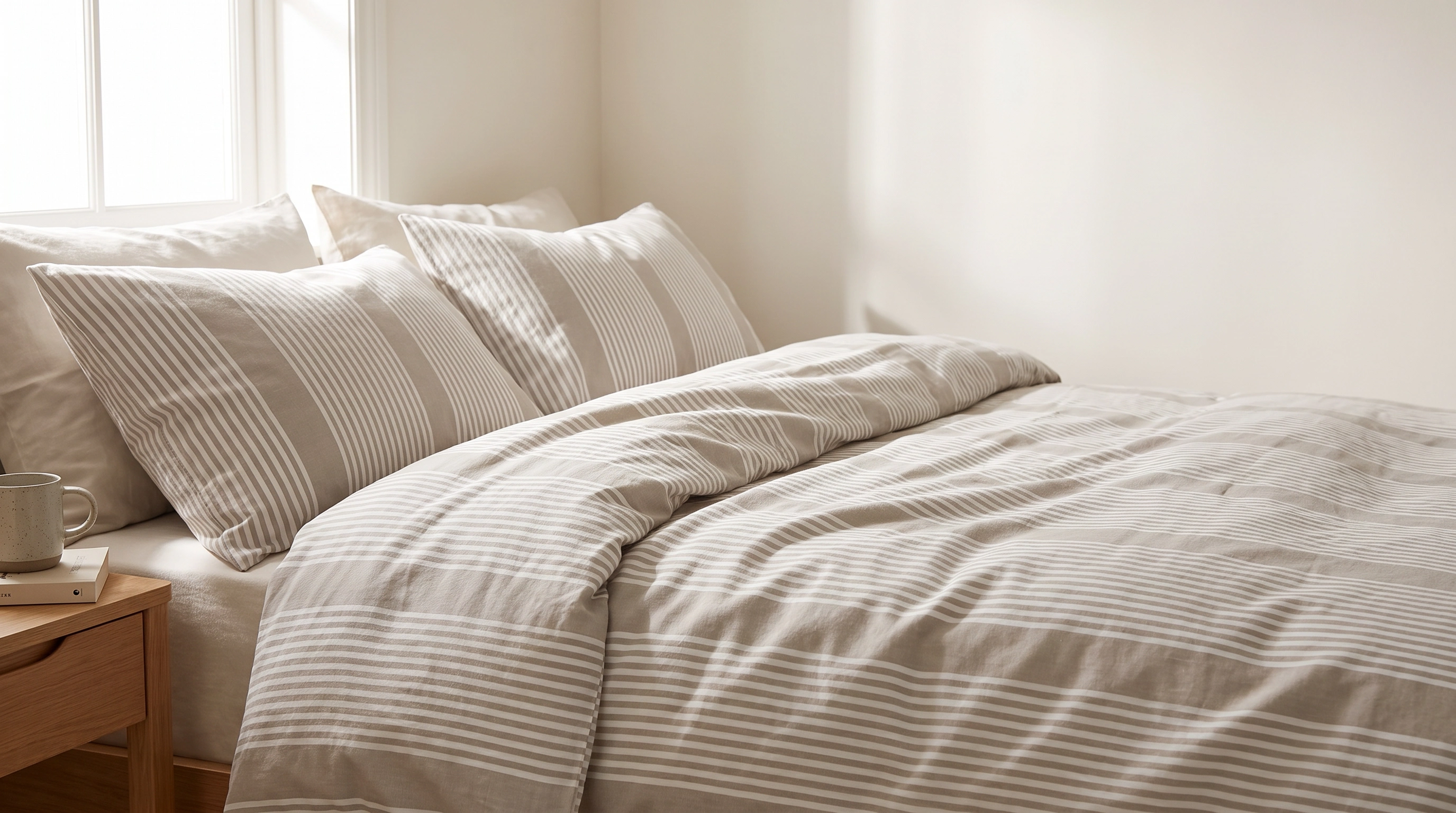 A relaxed, unmade bed in a beige-and-white striped washed-cotton duvet cover with matching pillows by a window