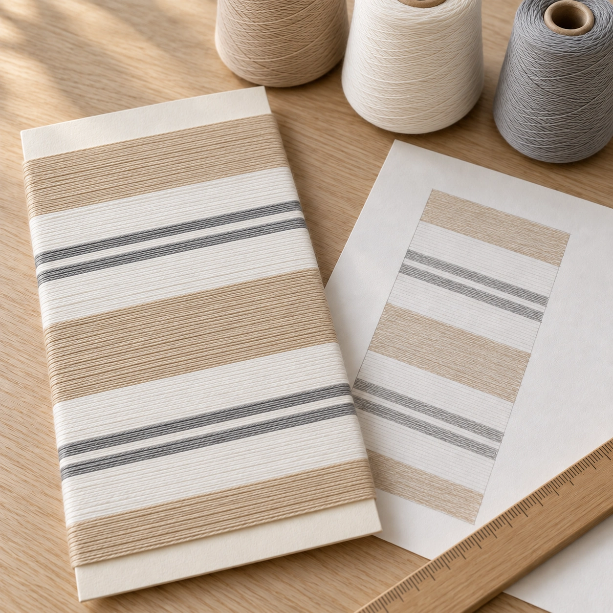 Cotton yarn wrapped around a card in bands of beige, white and grey, beside a pencil drawing of the same stripe and three cones of yarn