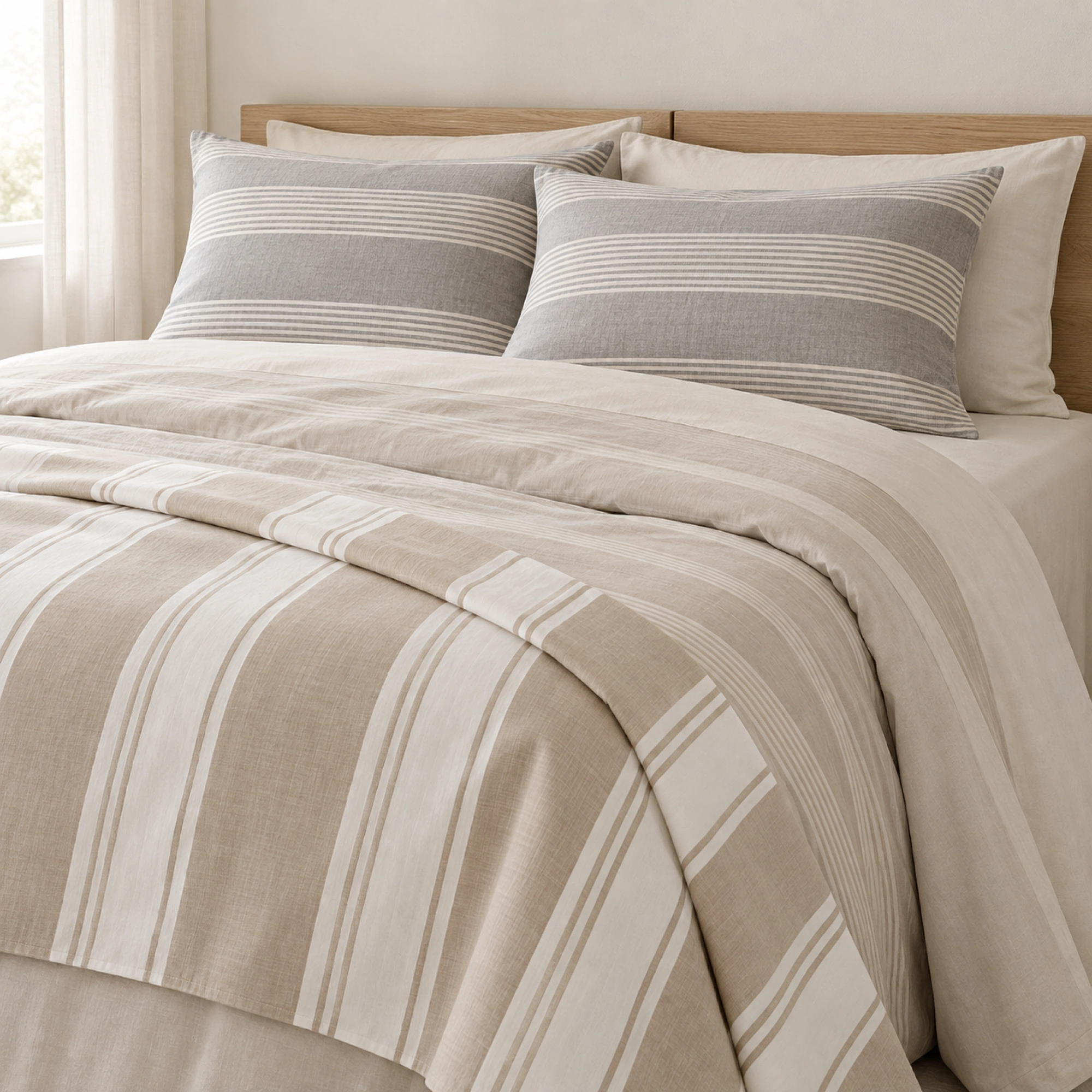 A bed made up in beige-and-white striped bedding with grey striped pillows, in soft daylight