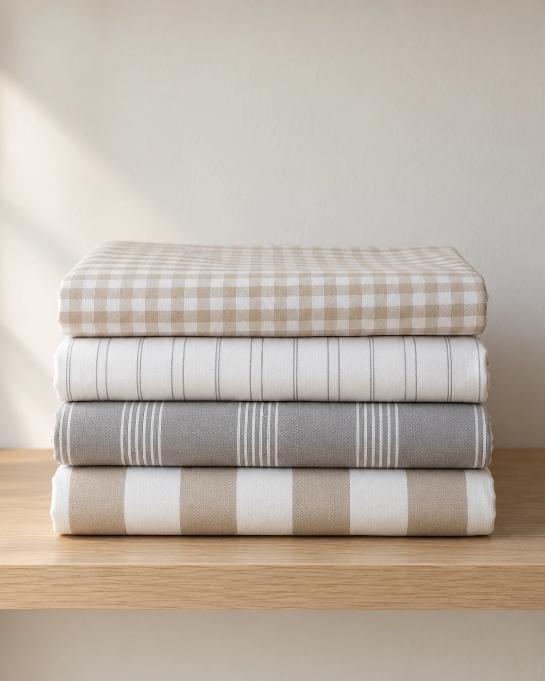 A neat stack of folded cloth on an oak shelf — a beige check, a white pinstripe, a grey stripe and a beige stripe