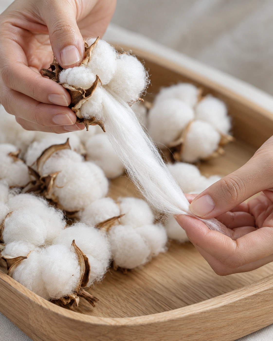 Hands drawing a long strand of fibre from an open cotton boll above a tray of cotton